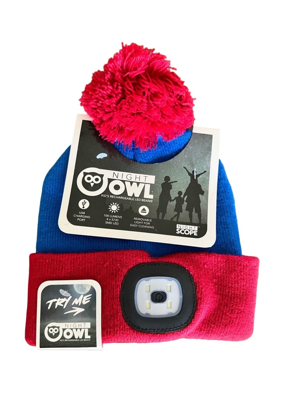 Night Owl Kids Rechargeable LED Light-Up Beanie Hat Blue Red Pom Pom